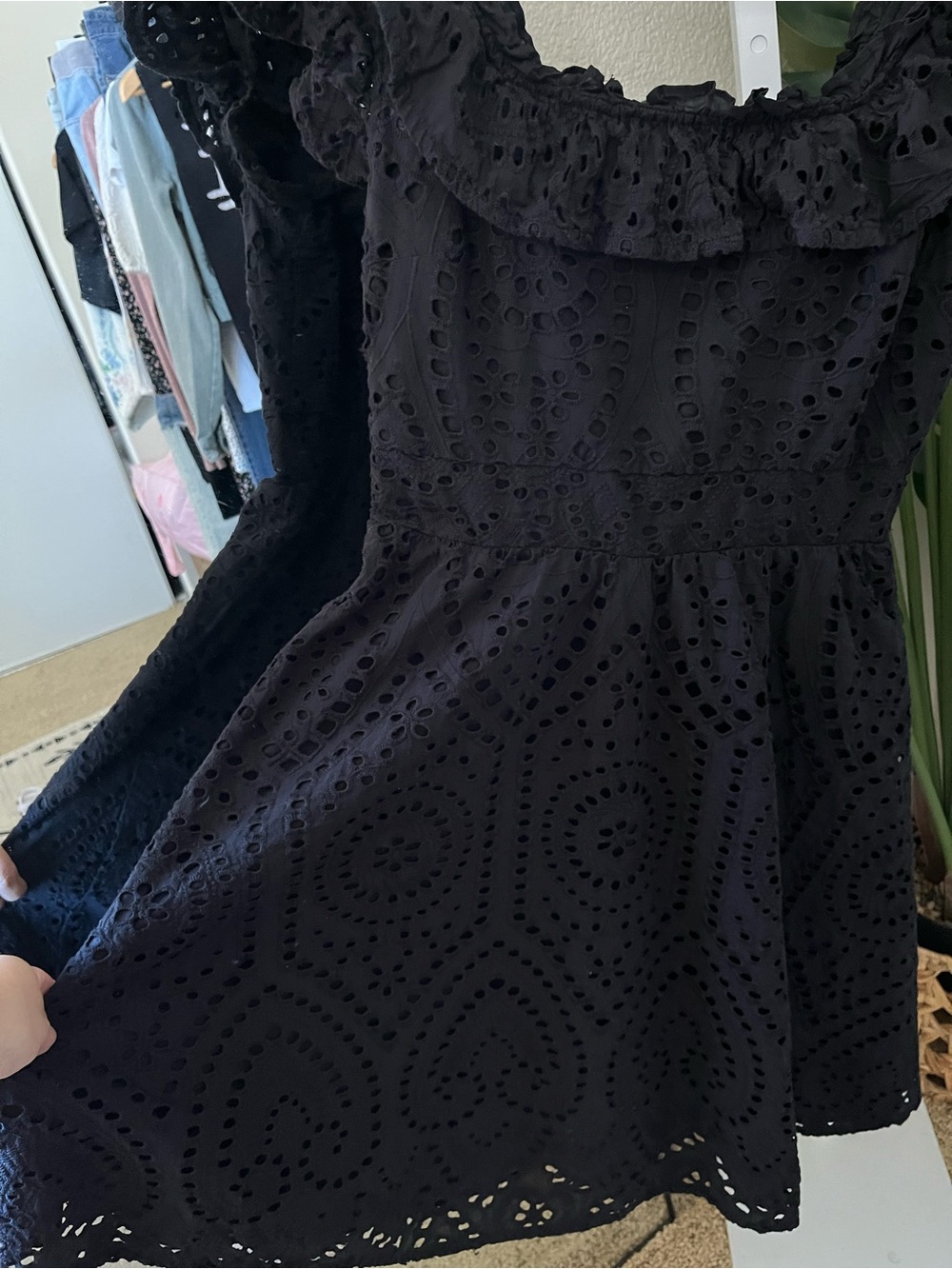 🖤 Black Eyelet Ruffle Mini Dress | Size XS | Boho Cottagecore - Picture 5 of 9